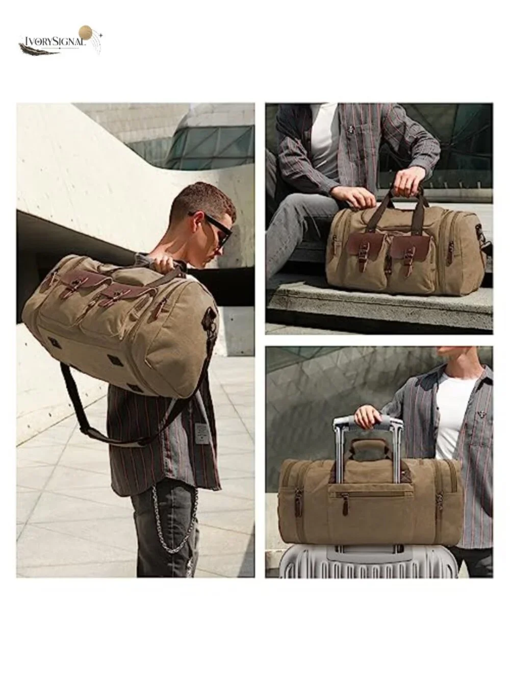 60L Expandable Canvas Leather Travel Duffel Bag Weekender Overnight Carry-On